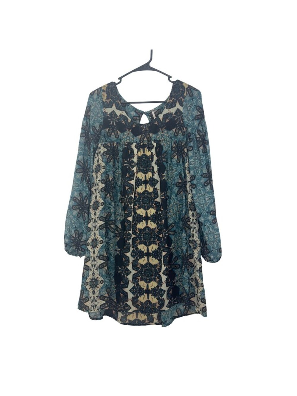 Free People Women SZ XS Boho Long Sleeve Printed Tunic Dress In Blue & Cream